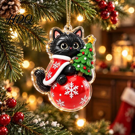 Acrylic Hanging Decor 2 Pcs Christmas Ornament Crystal Snowman Cat Santa Pattern Decoration Celebration Supplies Double Sided 2D Pendant for Holiday