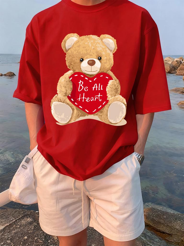 Cartoon Bear Gives You His Heart Prints TShirts Womens Summer Cotton Tops ONeck Soft Loose Short Sleeve Tees Casual Clothes