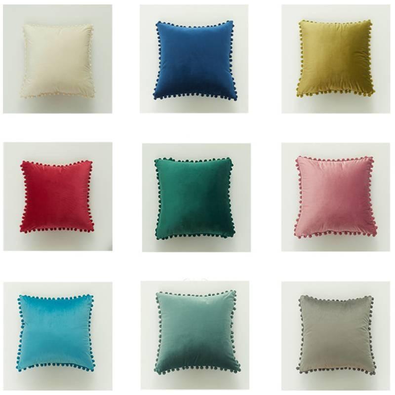 Velvet Solid Dutch Color Pillow Cases Pompom Edging Cushion Cover Living Room