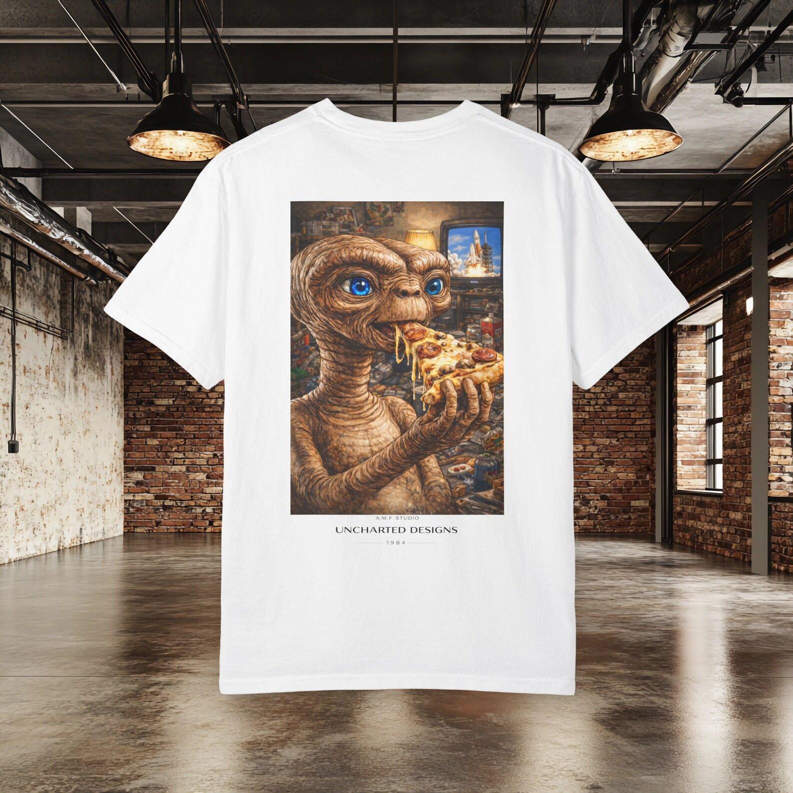 E.T. Eating Pizza T shirt | Retro Alien Movie Art | Retro Space | Pizza Lover Gift | 80s Movie Vibes | AMF Studio Uncharted Designs S