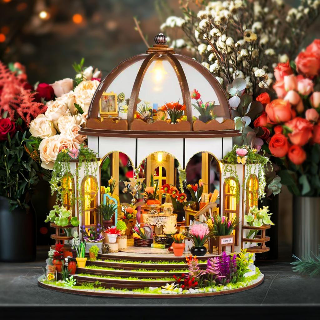 YIIEL Miniature Dollhouse Kit, Handmade Kit with Beginner's Instructions (Sunshine Glass Flower House)