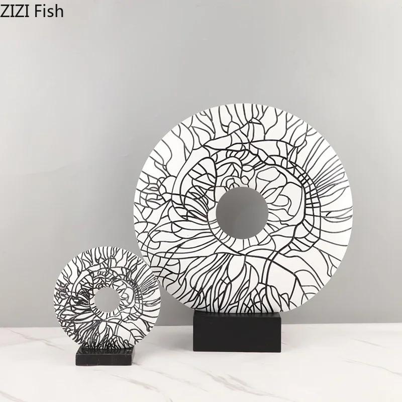 Abstract Black Lines Circular Ring Ornaments Desk Decoration Modern Crafts Creative Resin Ring Statue Room Aesthetic Decor