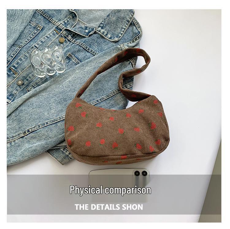Korean-Style Strawberry Print Corduroy Handbag - 2025 Autumn Collection