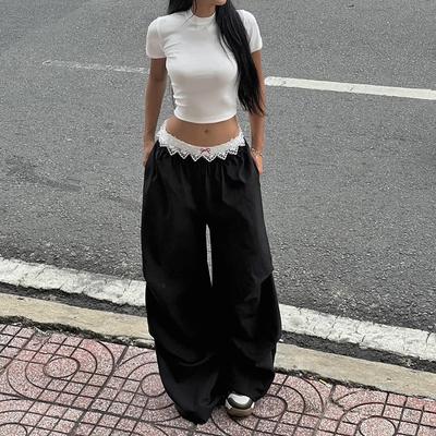 Damen Casual Lace Clash Waist Head Loose Street Spice Gerade Drag Hose mit weitem Bein