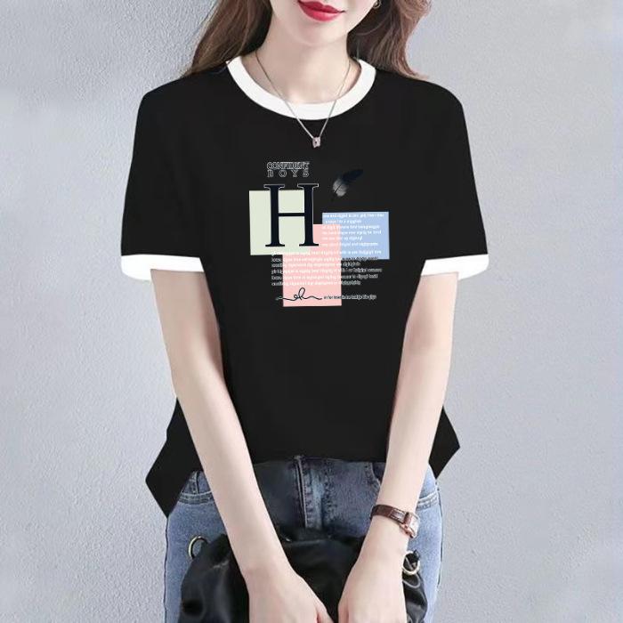 

Cotton short-sleeved T-shirt women s summer, European station black and white contrasting color fashion t-shirt loose and versatile ins top 2XL чорний