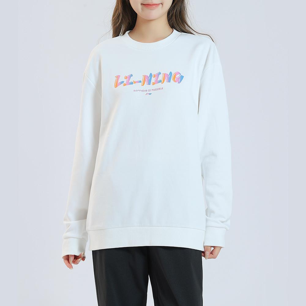 Li Ning Plain Round Neck Logo Casual Knitted Sports Sweatshirt Without Hood Fleece Long Sleeve Unisex sweatshirt White AWDTE03-2