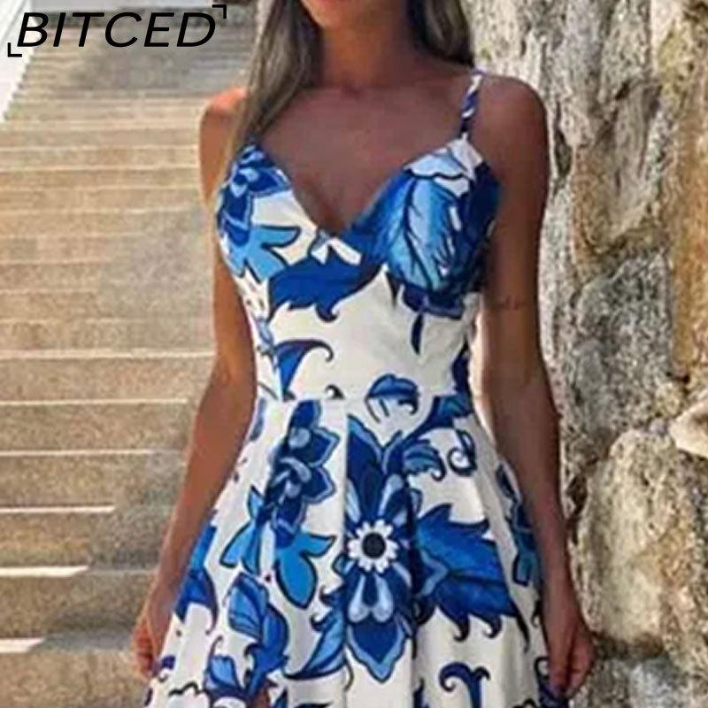 BITCED Spring Women's Casual Fashion Printed V-Neck Strapless Patchwork Split-Hem Full-Skirt Dress