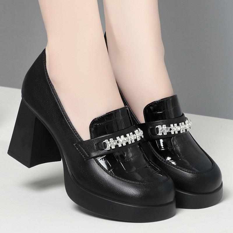 cm high-heeled loafers women's autumn single shoes new women's deep-mouth leather shoes waterproof table Mary Jane shoes