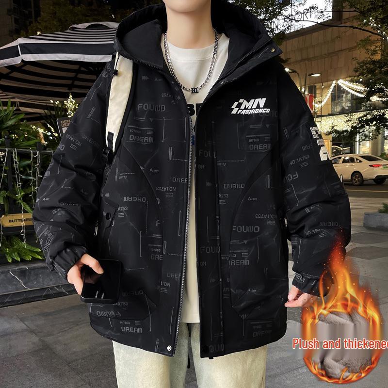 

Men s Autumn/Winter Hooded Parka - Thick Velvet, Warm, and Loose-Fit for Teens Outdoor Cold Protection 3XL (155-175 jin)