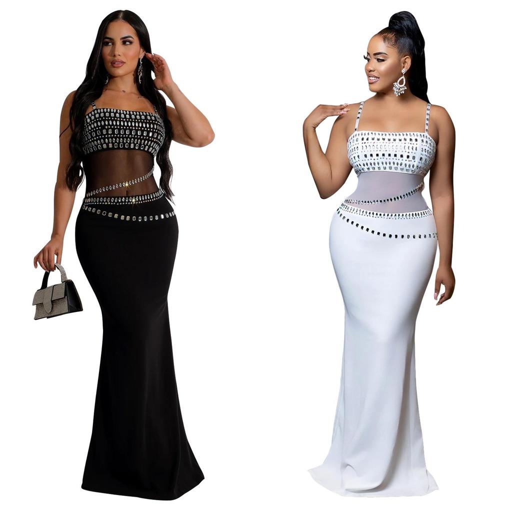 C6989 European & American Fashion Women's Rhinestone Mesh Long Dress