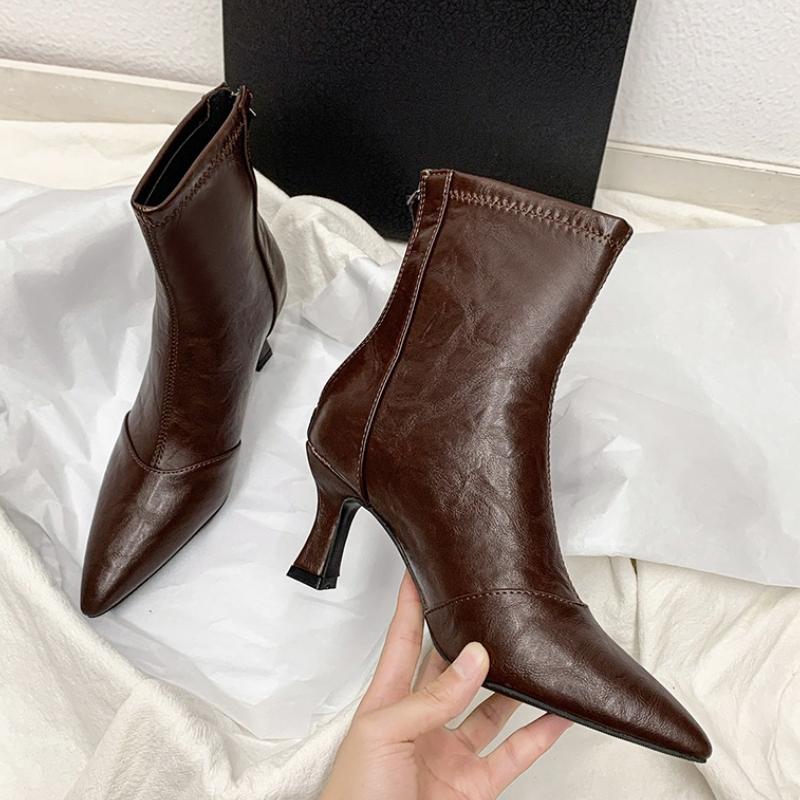 Autumn Winter Fashion Pointed Toe Ankle Boots Women Zippers Thick Heels Shoes Street Style Dress Short Botas Mujer