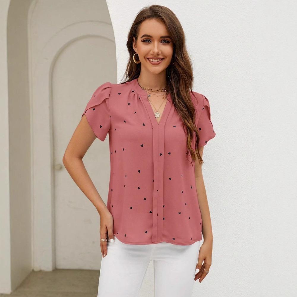 Summer new V-neck love petal pattern women's casual T-shirt top