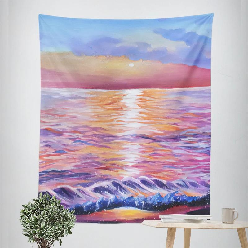 VIKAMA Healing Seaside Sunset Tapestry Bedroom Headboard Balcony Wall Decor Tapestry InstagramStyle Artistic Room Decor