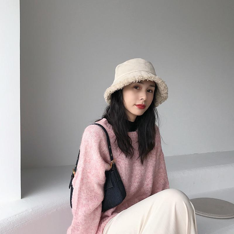 Suitable for Round Face Big Face Bucket Hat Girls Wide Face Can Wear Show Face Small Lamb Wool Basin Hat Double Side Can Wear Big Eaves Hat
