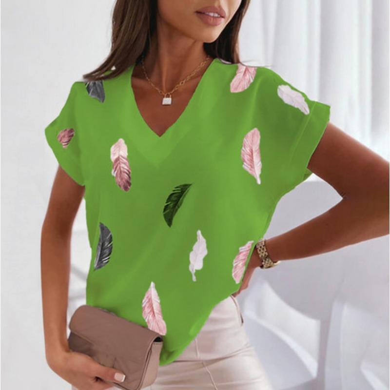 Feather 3D Printed T-shirts V-neck Short Sleeved Women's T-shirts