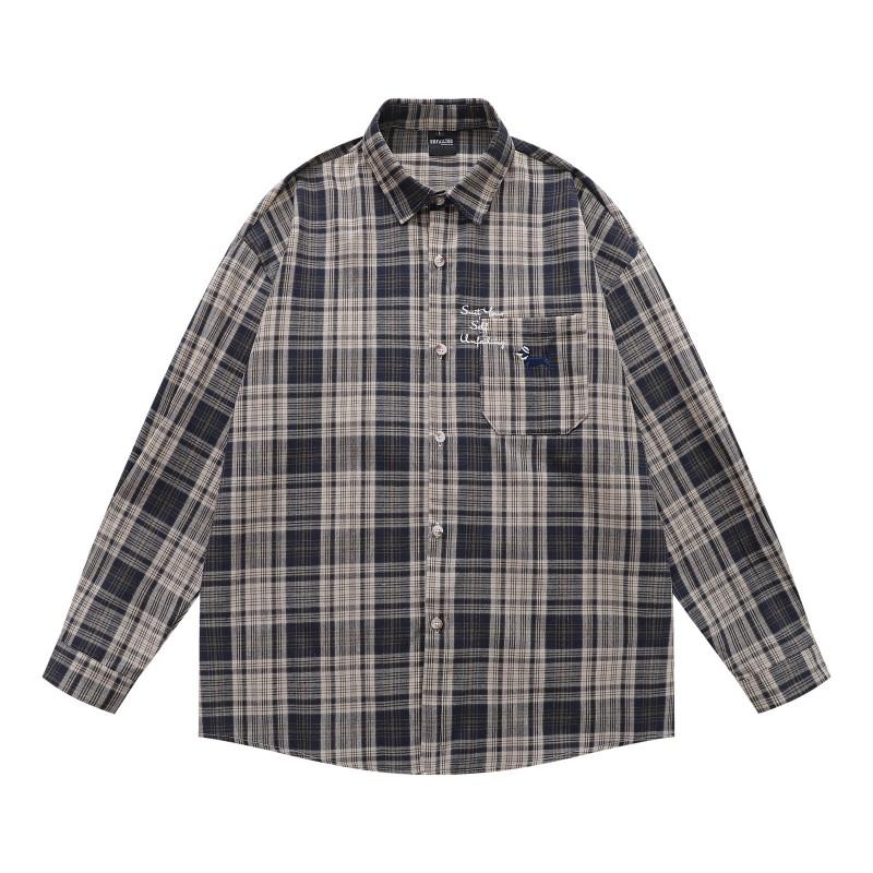 Mens Long Sleeve Plaid Shirt Japanese Vintage Embroidery Loose Casual Couple Blouse