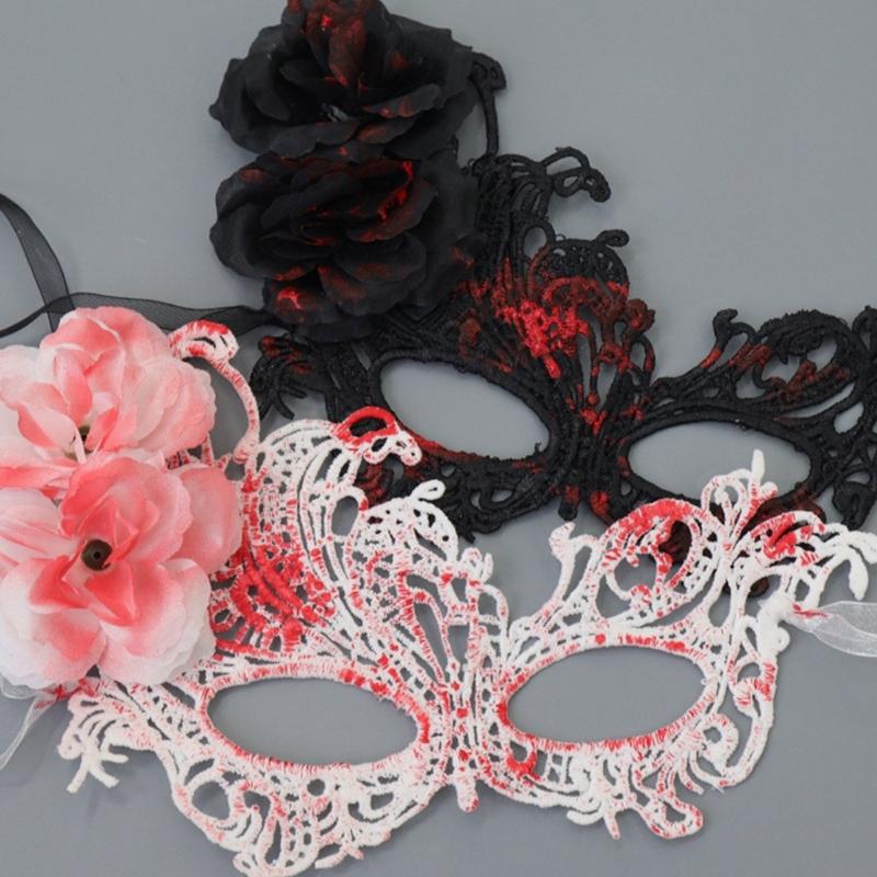 Elegant Lace Half Face Mask with Detachable Cats Ear Headband Hair Decors for Halloween Cosplay Costume Parties