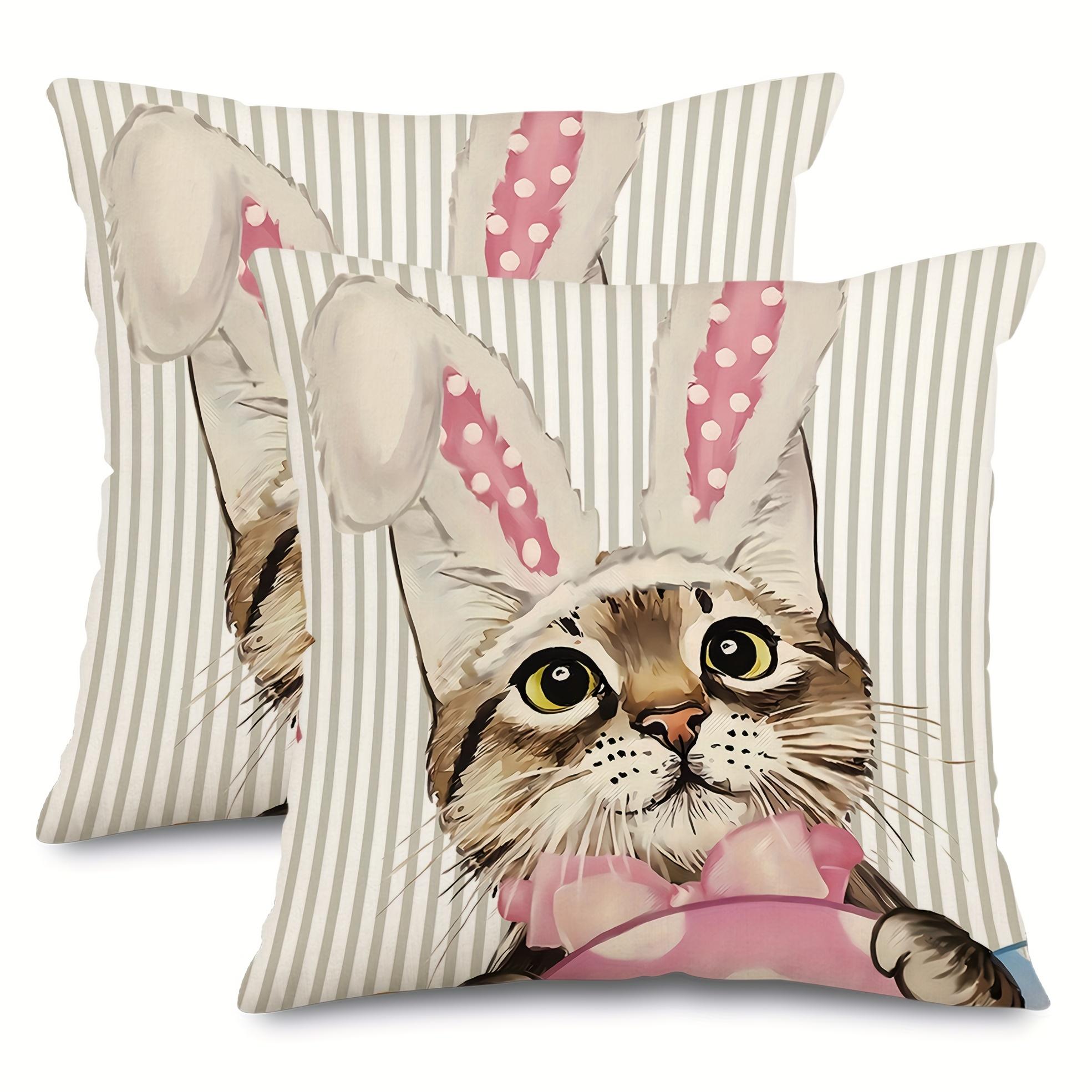 

Cute Easter Bunny Cat Pillow Cover Soft Modern Striped Polka Dot Design, Zipper Closure for Bedroom Decoration 18x18 Inches