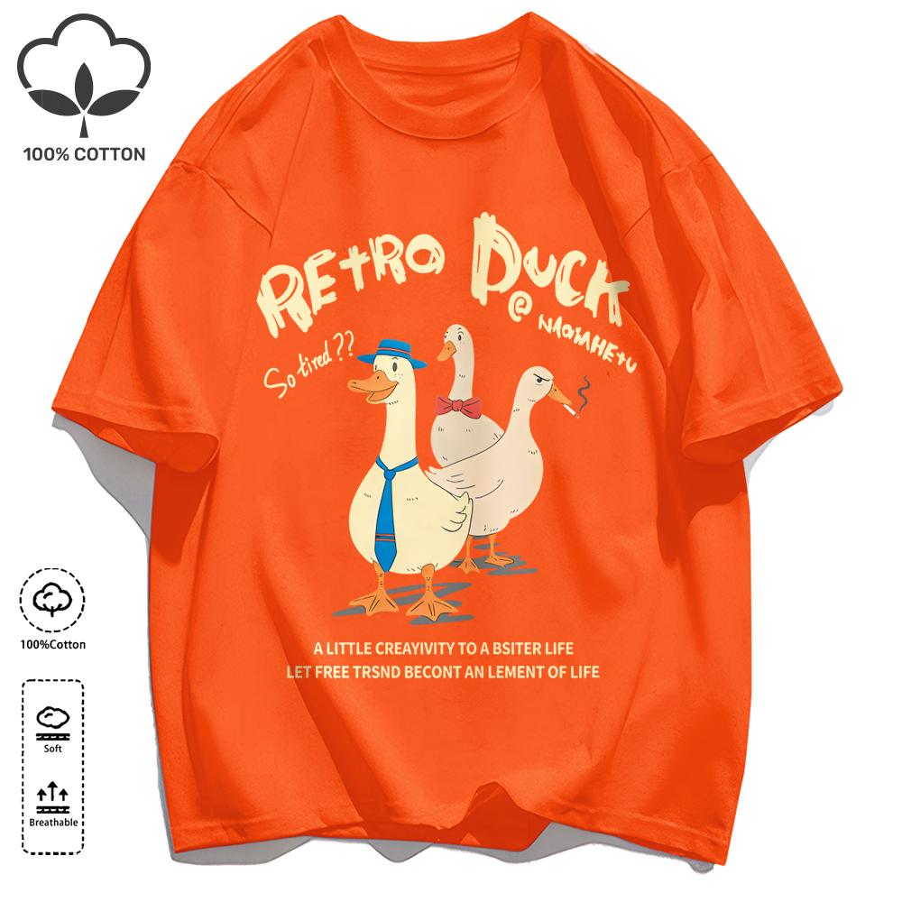 Retro Duck Doesn'T Feel Tired Design T Shirts Unisex Cotton Basics T-Shirt Soft Summer Fashion Tee Unisex O-Neck Loose Retro Top