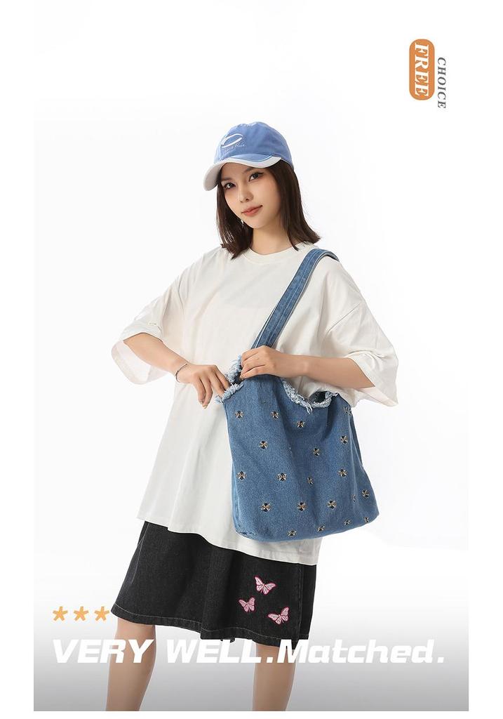 Personalized Floral Embroidery Denim Tote Bag - Fashionable, Large-Capacity Shoulder Bag for Women