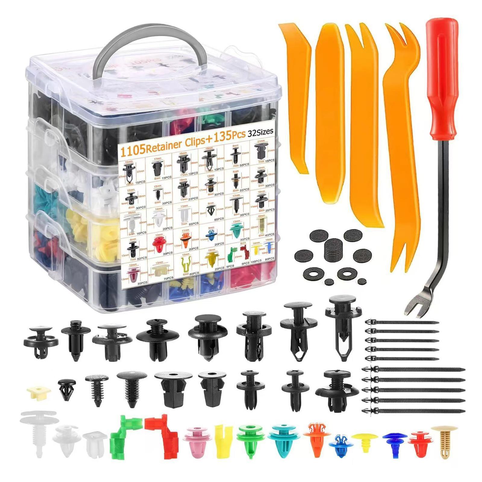 1240Pcs Car Retainer Clips & Body Clips Kit Nylon Bumper Fender Rivets Door Panel Clips Plastic Rivets with 10 Cable Ties
