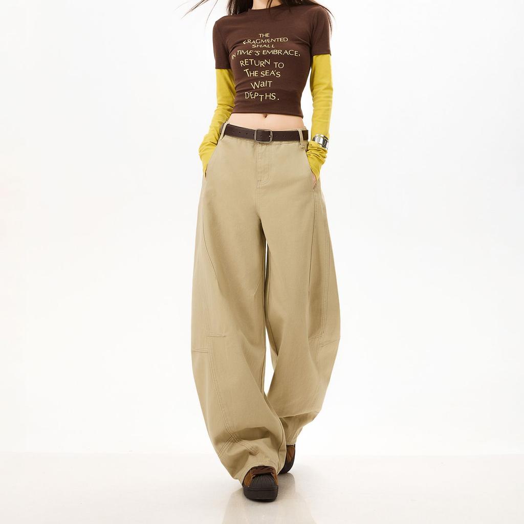 Spring Summer Heavy Faded Washed Camel Pure Cotton Patchwork Loose Saber Cut Trendy Denim Long Pants Ladies Casual Pants Oversize Denim Trousers
