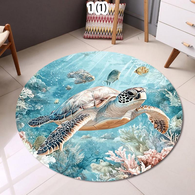 

Vibrant Underwater World Rug Round Ocean Carpet with Turtle Seahorse Fishes Colorful Marine Life Mat for Kids Room Beach Decor 80X80CM