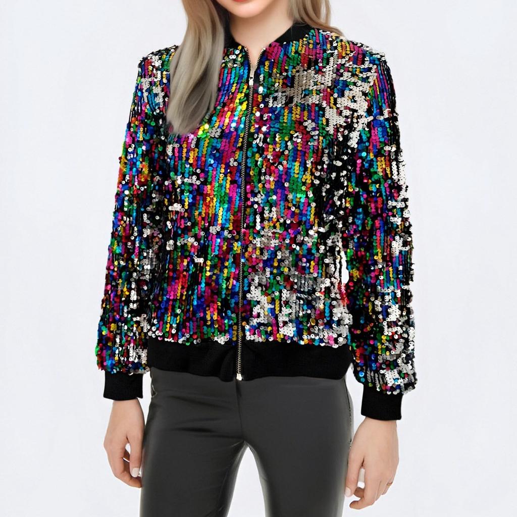 Women's Fashionable Stand Up Collar Long Sleeved Sequined Concert Short Zipper Jacket