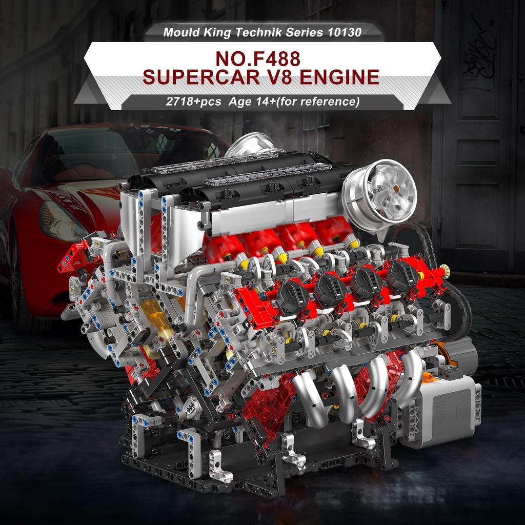 Mould King 10130 MOC Technology Inline Gasoline Engine Cylinder Liter V8 Engine Technology Clamp Block Includes Box (V8) 8-Cylinder Kit, 3.9