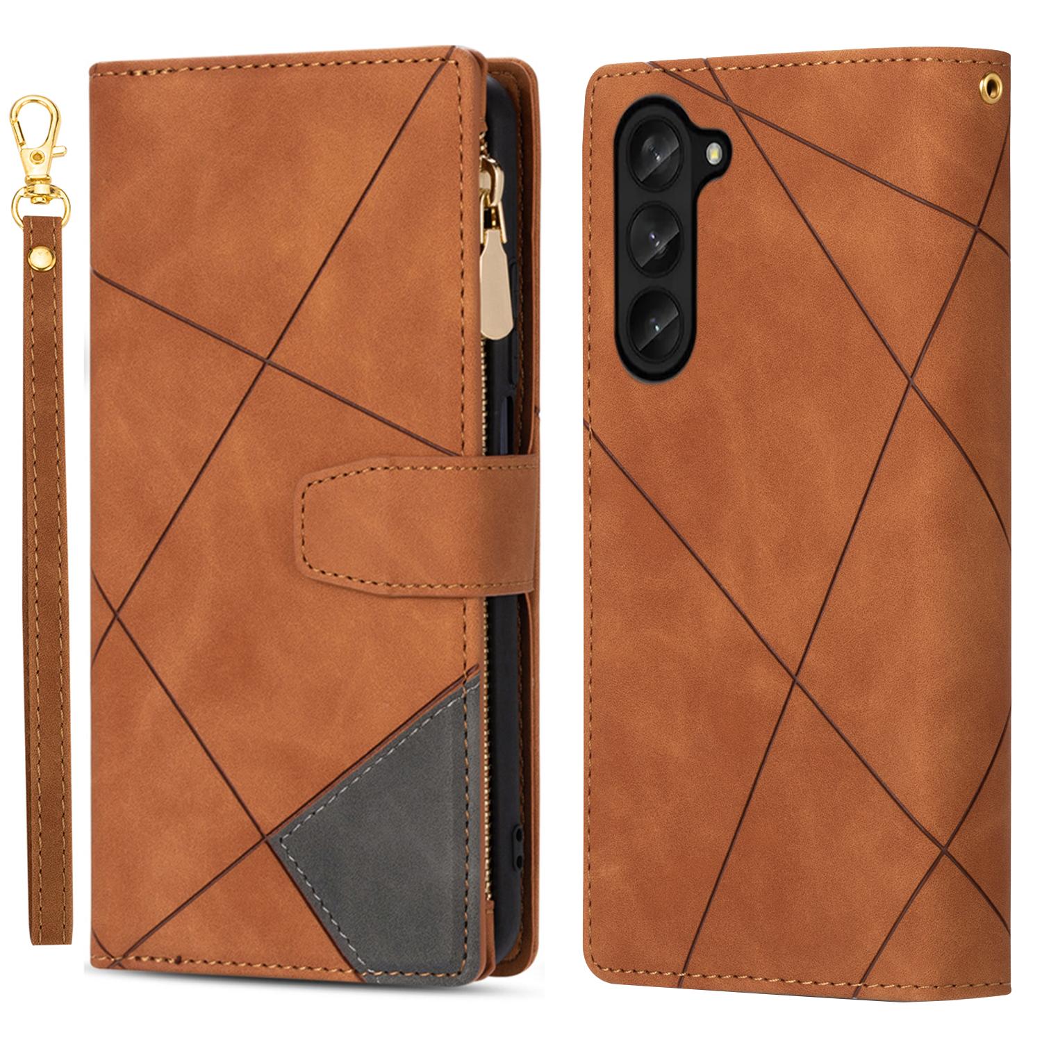 

For Samsung Galaxy Z Fold5 5G Wallet Flip Case PU Leather Lines Imprinted Zipper Pocket Stand Phone Cover Brown