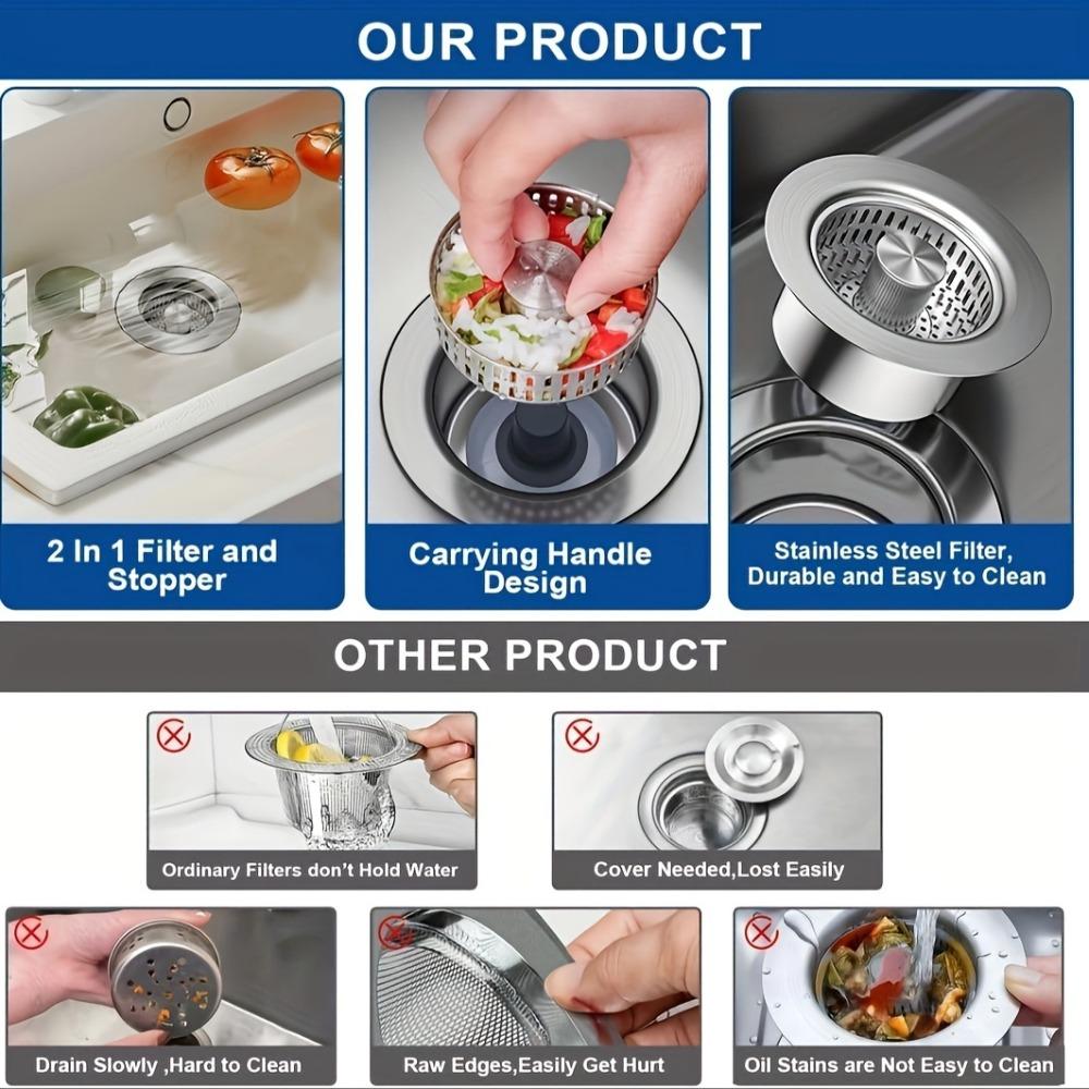 Stainless Steel 3 in 1 Kitchen Sink Drain Stopper Jump Up Anti Clogging Basket Strainer Upgraded Metal Sink Filter Sink Strainer