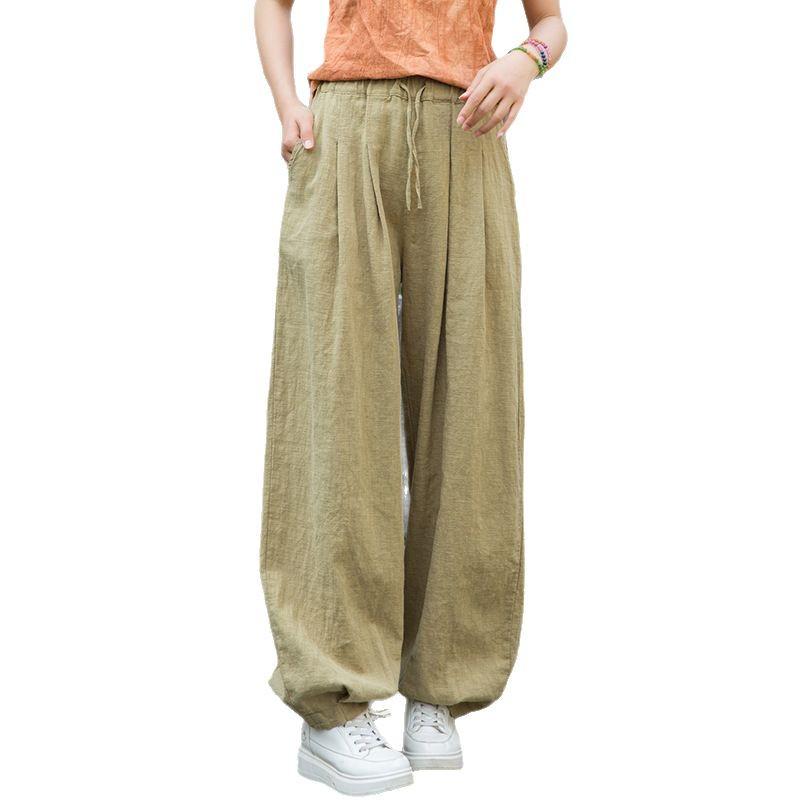 2025 Women's Summer Cotton Linen Ramie Sand-Washed Drawstring Lantern Pants - Distressed & Versatile