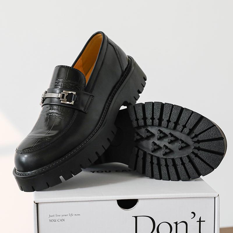 Fashion Advanced Texture Korean Style Fashion Metal Buckle Leather Casual Non-slip Men's Comfor Round Head Leisure Business Loafer Shoes