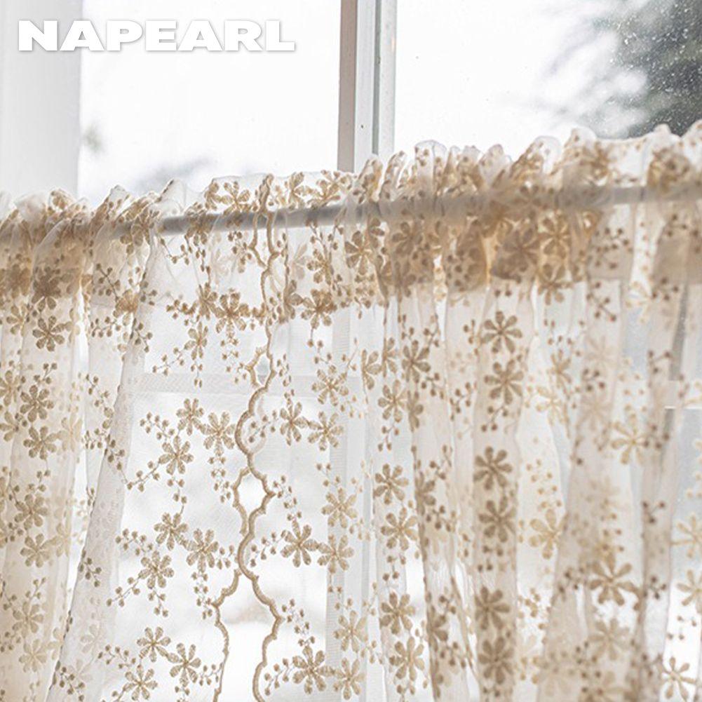 1PC NAPEARL Flower Embroidery Lace Sheer Curtain French Countryside Cream Style Half Curtain for Bedroom Living Room Window Showcase Home Decor