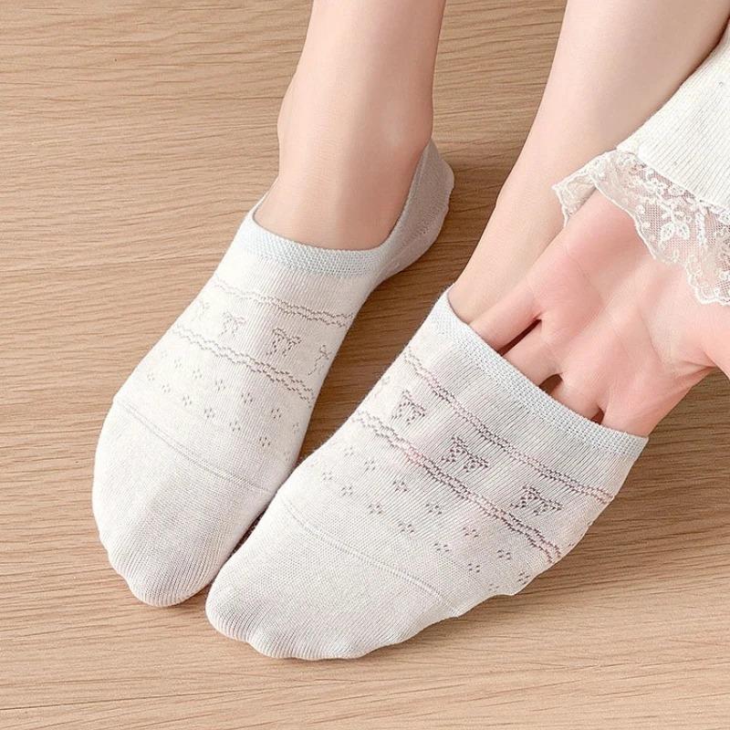 Boat Sock Slippers Women Summer Silicone Non-slip Invisible No Show Socks Cute Bow Hollow Cotton Thin Breathable Low Cut Socks
