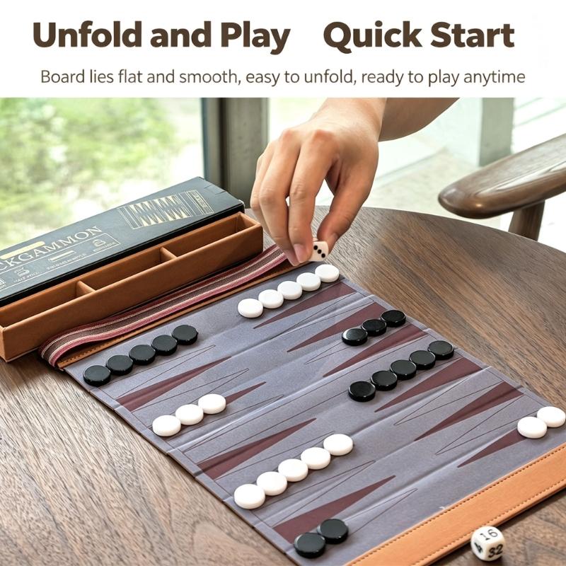 Flexible Backgammon Game Set with PU Playing Board and Acrylic Counters, Elastic Storage Closure for Camping, Commutes, and Indoor Play