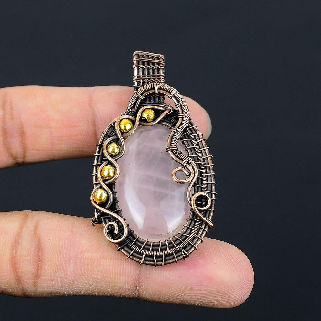 Πανέμορφο ροζ χαλαζία πολύτιμος λίθος από καθαρό σύρμα χαλκού τυλιγμένο χειροποίητο κρεμαστό κόσμημα