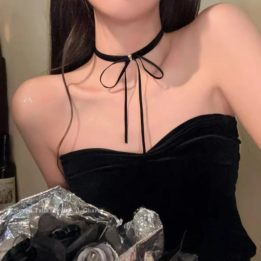 Punk Gothic Bows Pendant Necklace Adjustable Velvets Chains Choker Y2K Elegant Braideds Bows Neckchain for Women Girls