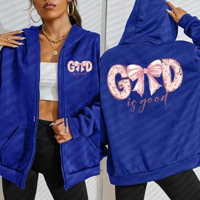 Deus É Bom Rosa Linda Flor Laço Estampa Zíper Moletom com Capuz Mulher Casual Solto Moletom Rua Lã Roupas Streetwear