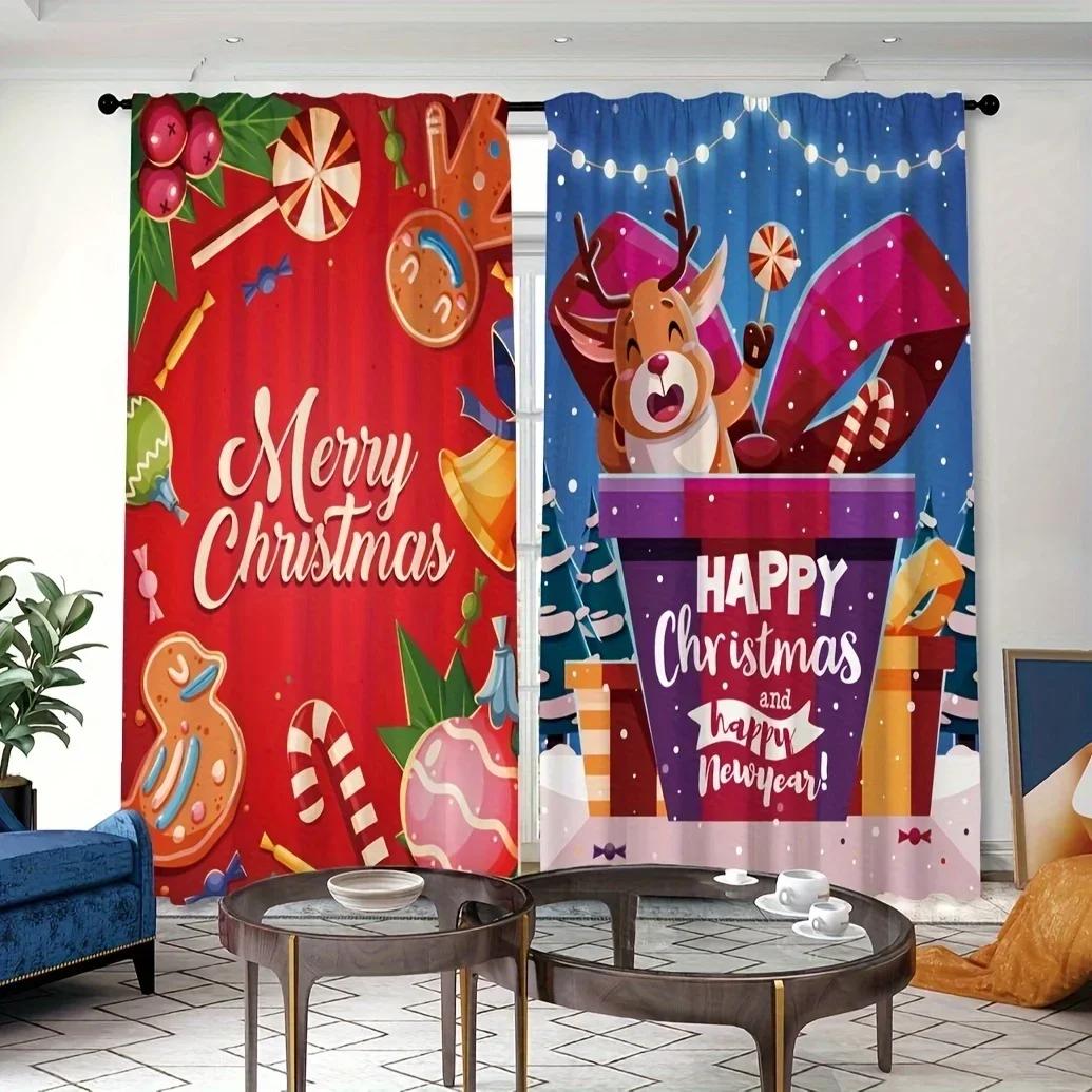 

3D 2-Piece Set Christmas & Green Leaf Digital Print Curtains - RodPocket Design For Living Room, Bedroom, Kitchen, And Office De W65X60H(cm)X2Pcs&Grommet Top