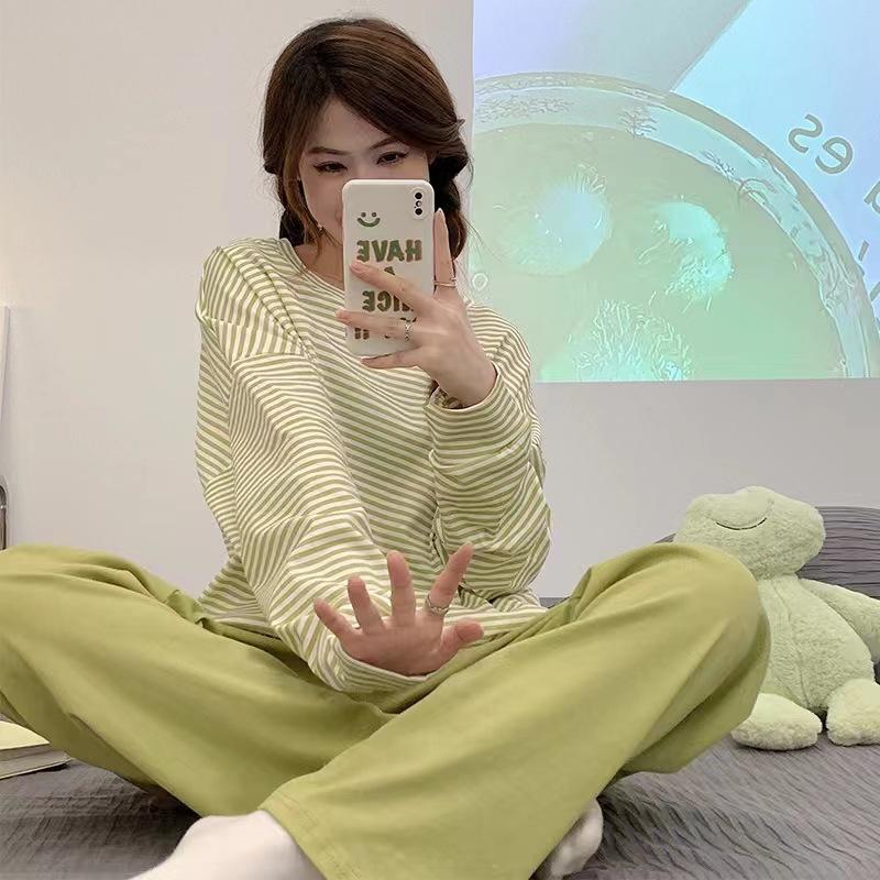 

Свободные женские пижамы осенне-зимние модели брюки с длинными рукавами черные в полоску повседневные женские домашние вещи вишневого цвета L зелёный