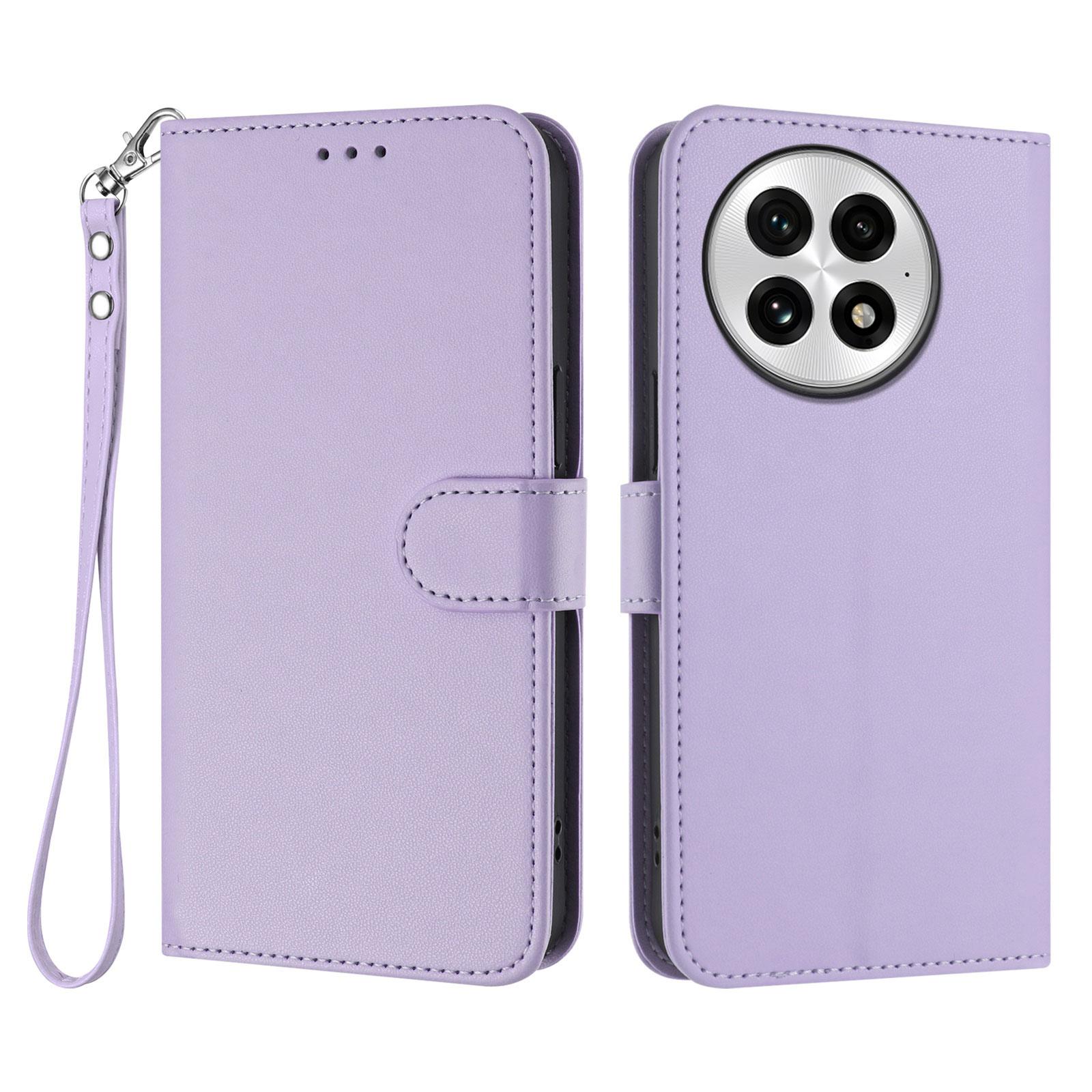 

For OnePlus 13 Leather Case Wallet Stand Phone Cover with Wrist Strap Light Purple