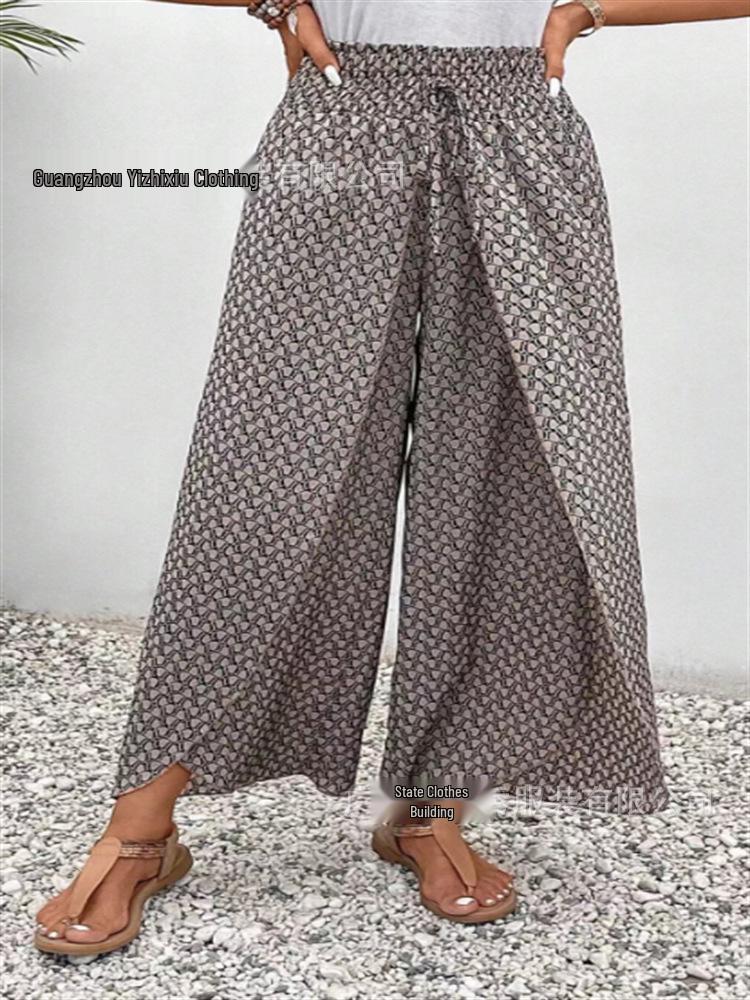 2025 Европейская и американская мода Повседневные Принтованные Свободные Широкие женские длинные брюки XXL хаки