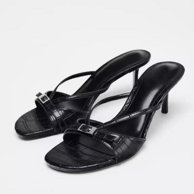 

Модные женские шлепанцы на высоком каблуке с металлической пряжкой, квадратным носком и тонким каблуком, летние уличные повседневные туфли для отпуска 41 чёрный