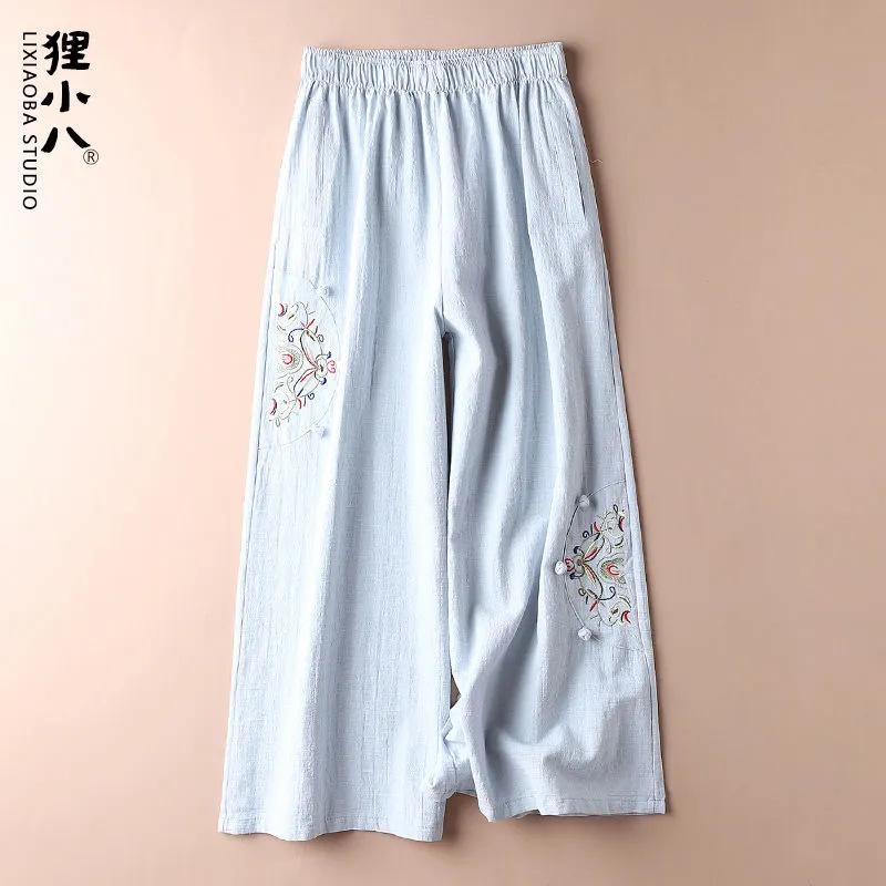Retro Ethnic Embroidery Wide Leg Pants for Women Summer Fashion Casual Loose Thin Style Versatile Comfortable Women's Pant