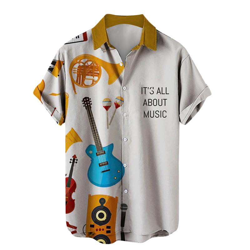 Music Guitar Pattern Shirt Men's Clothing 3D Printed Rock Hip Hop Top Short Sleeve Beach Ahloa Shirt Collar Shirt