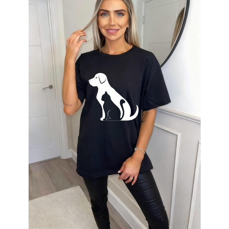 Black Oversized T Shirt With Dog And Cat Print For Casual Wear