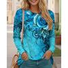 Blumenmuster Farbverlauf Damen Langarm T-Shirts Frühling Herbst 3D Blumen Aufdruck Street Damen T-Shirt Große Größen Freizeit Oberteile