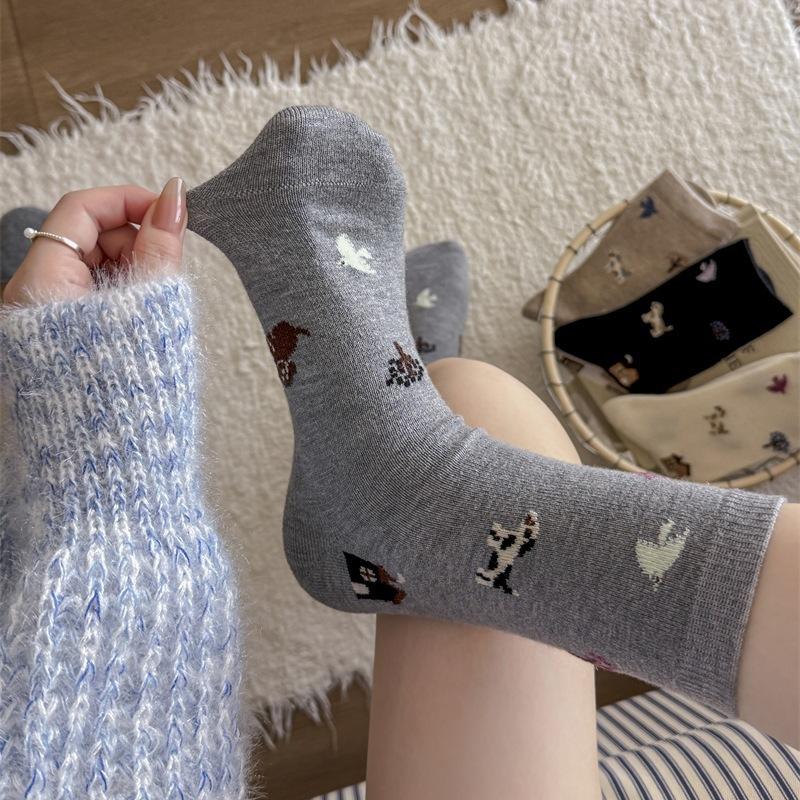Puppy Cute Kids Grey Cartoon Animal Mid Socks Thickened Wool Socks Warm Pile Socks