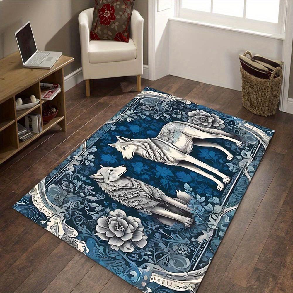 Luxuriöser Kristall-Samt Teppich mit Wolfsmotiv - Bodenmatte Schwergewicht, Dunkelblaues Blumen- & Wolfsmuster, Weiches Polyestermaterial